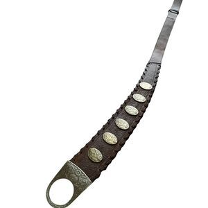 Vintage Avignon Brown Leather Belt with Embossed Brass Panels Made in USA